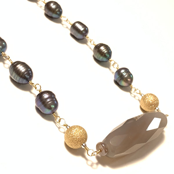 Solid Design Studios Ringed Baroque Peacock Pearl, Grey Quartz & 14k Gold-Filled Short Necklace