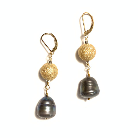 Solid Design Studios Ringed Baroque Peacock Pearl Earrings With Sparkly Gold-Filled Balls